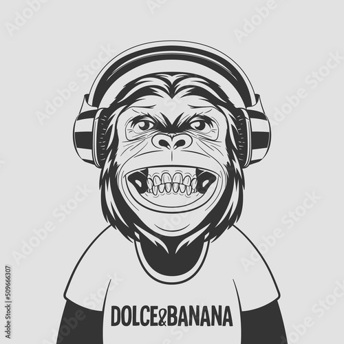 Vector Funny Smiling Black and White Monochrome Chimpanzee Ape with Headphones. Happy Monkey for Wall Art, T-shirt Print, Poster. Cartoon Cute Chimp Monkey
