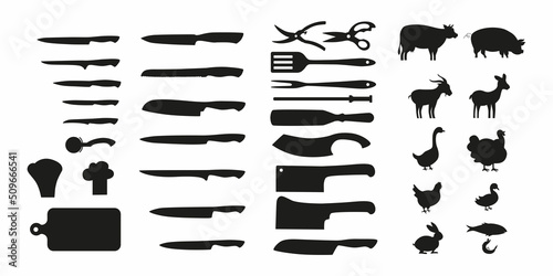 Meat symbols and chef knifes outline set. Vector stock illustration isolated on white background for design packaging label, logo, menu in restaurant or butchery. 