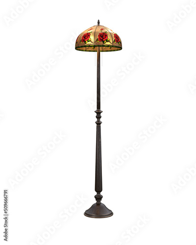 Vintage floor standing lamp with stained glass shade. 3D rendering isolated on white with clipping path.