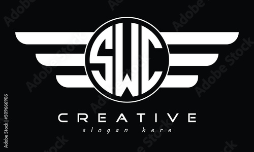 SWC three letter initial letter logo in circle with wings vector template. photo