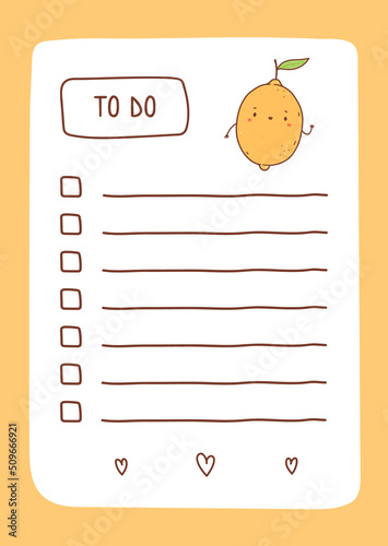 To do list template decorated by kawaii lemon. Cute design of schedule, daily planner or checklist. Vector hand-drawn illustration. Perfect for planning, notes and self-organization.