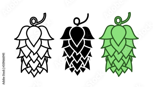 Szyszki chmielu w trzech wersjach kolorystycznych czarna, zielona i biała - ilustracje wektorowe, ikony