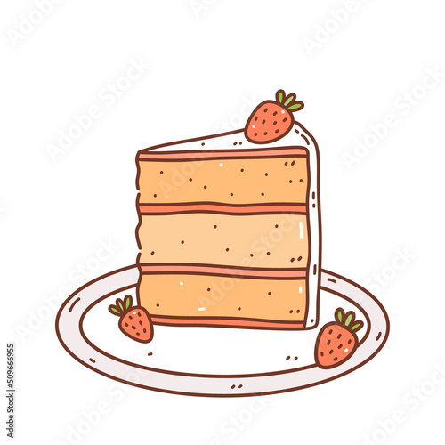 Cute strawberry cake on a plate. Sweet dessert decorated with berries isolated on white background. Vector hand-drawn illustration in doodle style.Perfect for holiday designs, cards, decorations, logo
