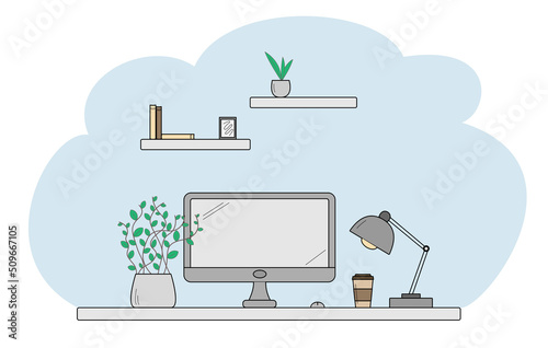 Vector illustration, workspace, home office, work and study at home, online education, webinars, seminars, blogging