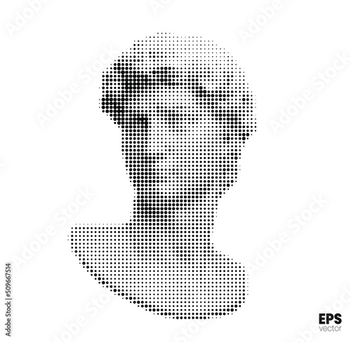 Vector black dot halftone mode illustration of male classical style head sculpture from 3d rendering isolated on white background. photo