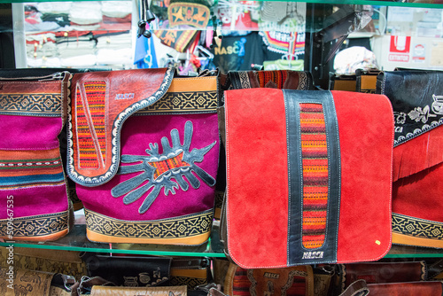 Details of peruvian handcrafted bags at a local market in Cusco, Peru