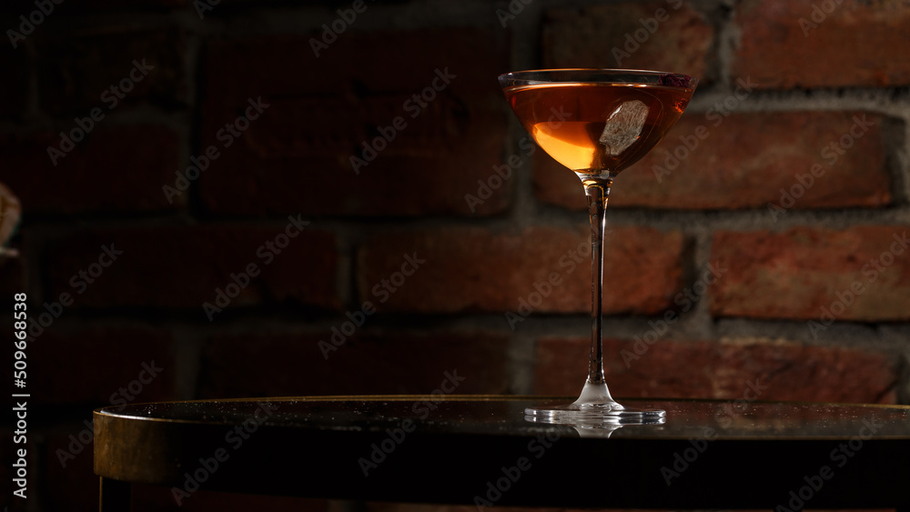 Homemade Rob Roy Cocktail with Scotch and Vermouth. Whiskey-based drinks with cherry. Manhattan cocktail