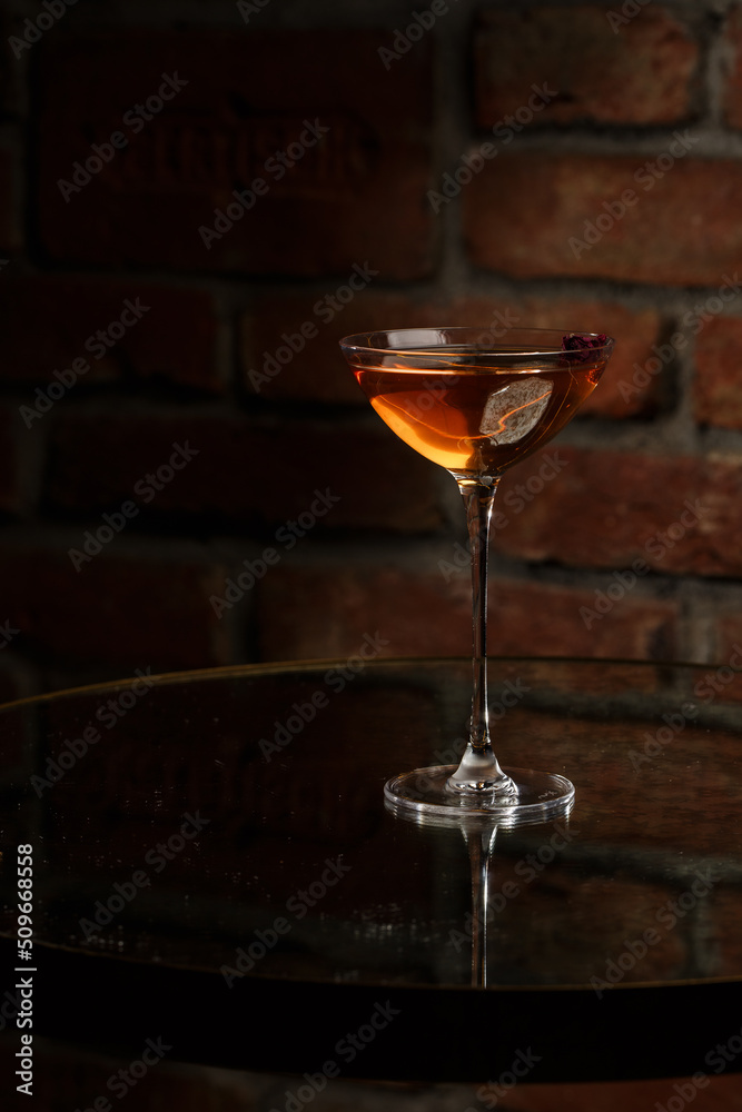 Homemade Rob Roy Cocktail with Scotch and Vermouth. Whiskey-based drinks with cherry. Manhattan cocktail