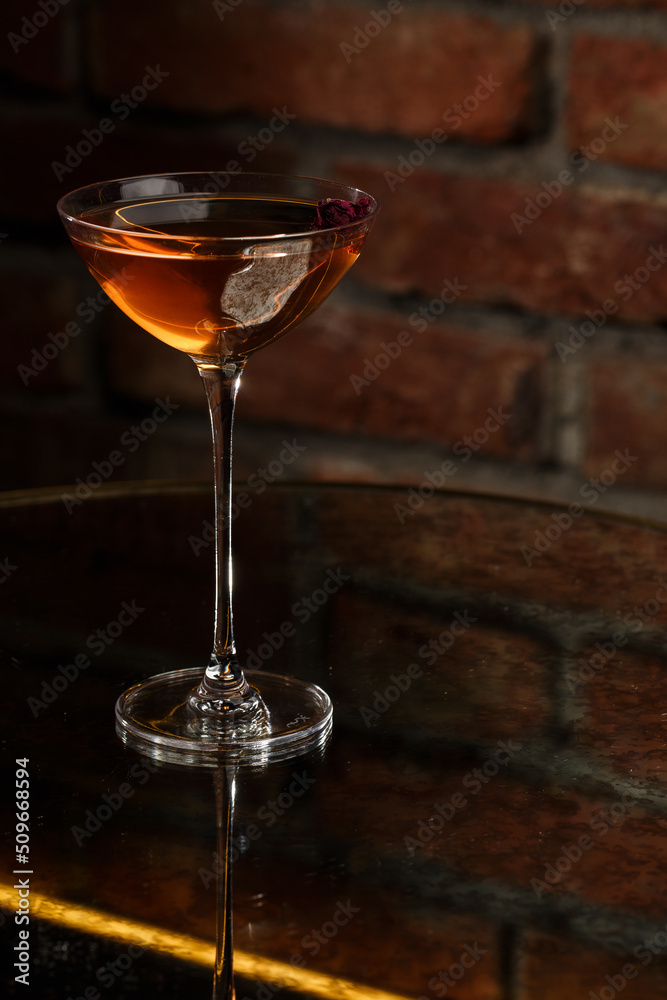 Homemade Rob Roy Cocktail with Scotch and Vermouth. Whiskey-based drinks with cherry. Manhattan cocktail
