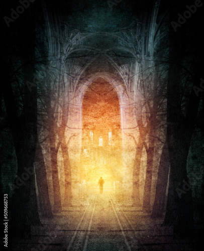 Gothic vintage background. Silhouette of a man against the background of the walls of a Gothic temple and trees. Effect overley on texture of old paper.