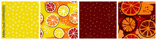 Citrus mix, fizzy drink, lemonade seamless pattern. Colorful kitchen textile or product packaging background with grapefruit and lemon slices in orange, red and yellow colors.