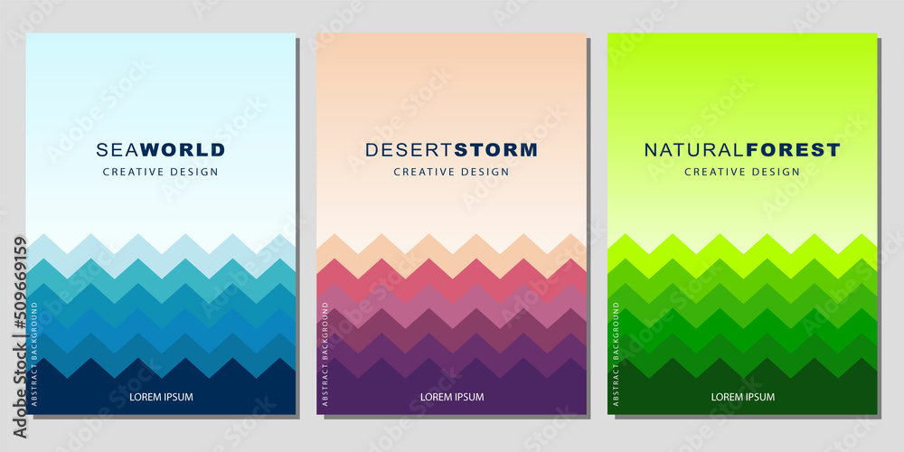 Modern Cover Template Design. Sea, Desert, Forest Color Concept. Set of trendy gradient zigzags for presentations, magazines, flyers, annual reports, posters and business cards.