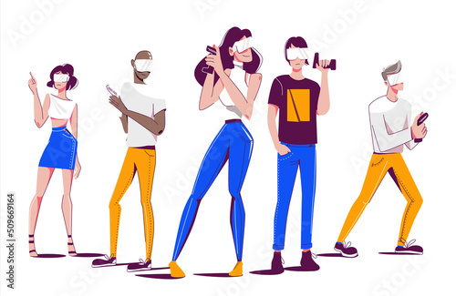Team of gamers in virtual reality glasses and with joysticks manipulators. Vector illustration in cartoon style isolated on white background