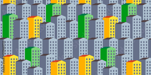 Vector seamless pattern. Green, yellow and grey houses. Property background. Modern building. Eco home. Real estate. Town. Urban design. Sustainable Living. Efficient energy. Wallpaper. Colorful city.