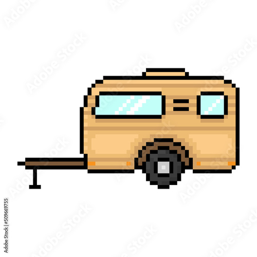 Pixelated small caravan icon. Motorhome, camper, trailer. Color silhouette. Side view. Vector simple flat graphic illustration. Isolated object on a white background. Isolate.