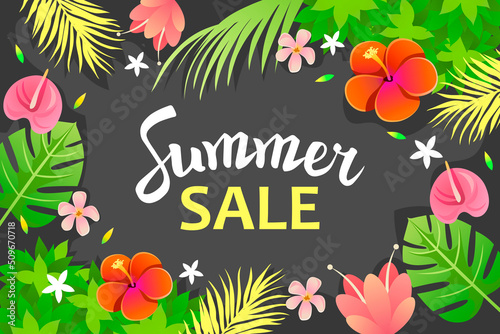 Colorful tropical banner. Summer Sale. Jungle design. Vector illustration. Green natural frame. Template for banner, poster, presentation, flyer.