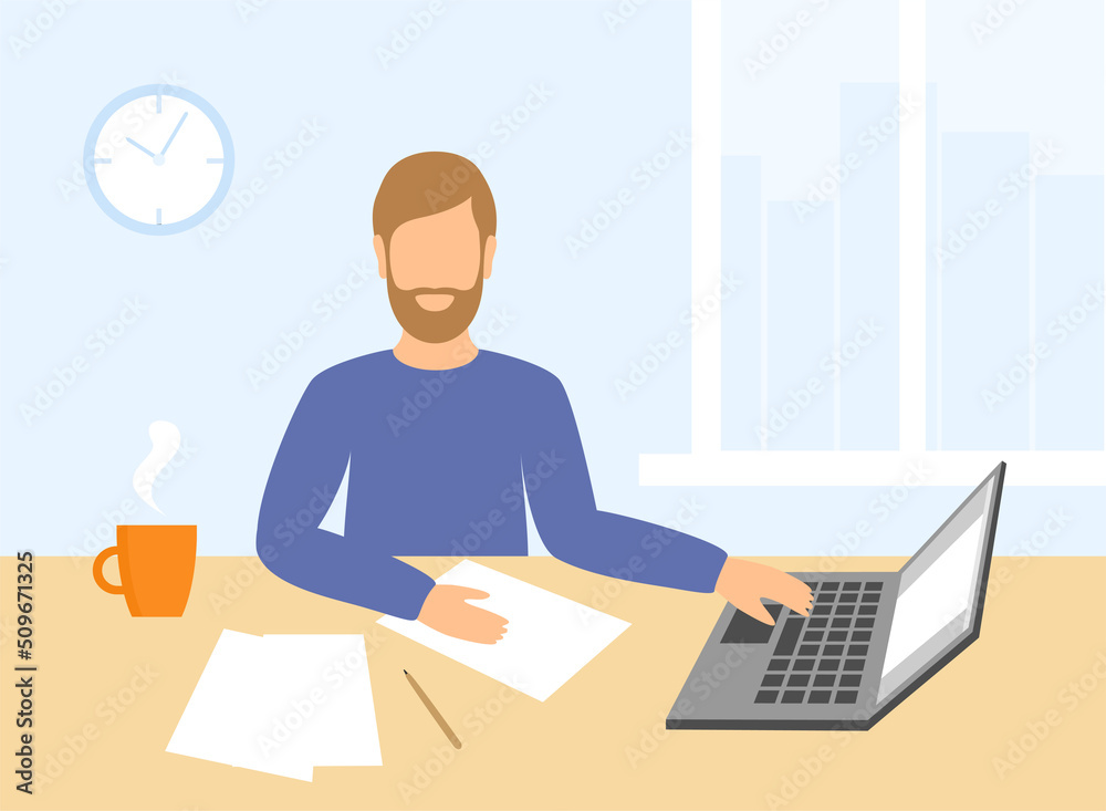 A man in casual clothes working at home on laptop. The concept of remote work or study. Vector illustration in flat style A man in casual clothes working at home on laptop. The concept of remote work or study. Vector illustration in flat style