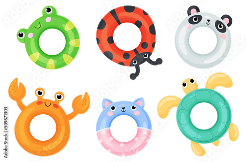 Swim ring cartoon summer set. Inflatable pool accessories, floating rubber toys