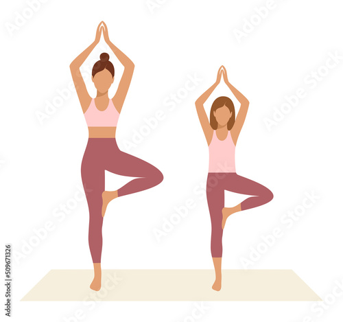 Mother and daughter standing in tree asana or Vrikshasana on a white background. Vector illustration in flat style