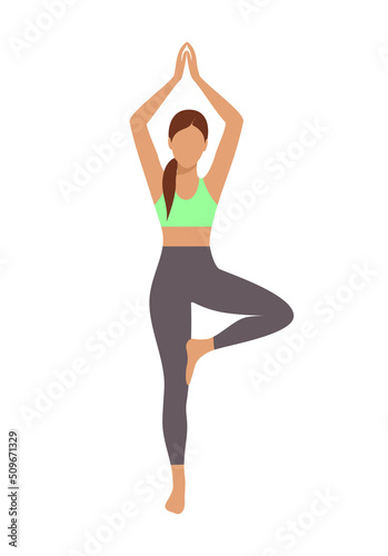 Young woman standing in tree asana or Vrikshasana on a white background. Vector illustration in flat style