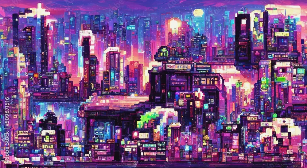 Cyberpunk city neon night. Retro futuristic pixel art composition ...
