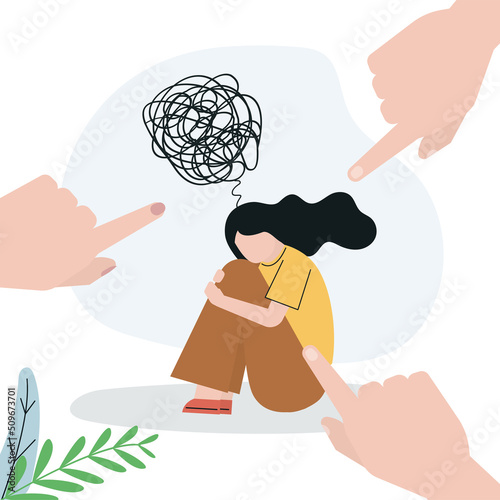 Sad woman with confused thoughts surrounded by condemning gestures. Girl have problems with mental health and depression. Concept of bullying, inner critic