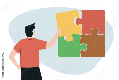 Business man putting together puzzle pieces. Brand and company building. Teamwork productivity. Male worker cooperation and management. Development