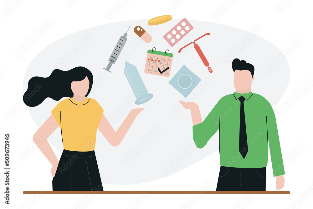 Sex education. People with contraceptives. Anti-pregnancy products. Contraception concept. Reproduction and sexuality for learning. Safe relation and intercourse