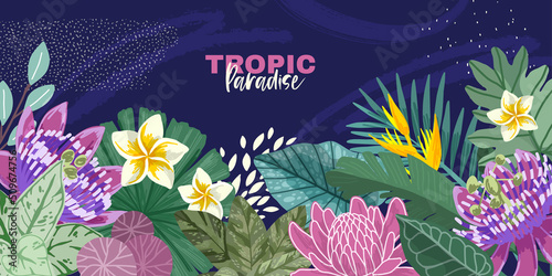 Tropical leaves and pink flowers background, art