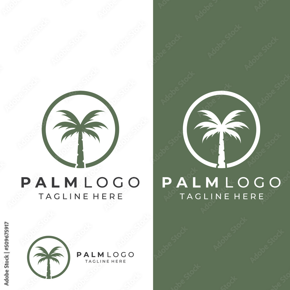 Fototapeta premium Palm tree logo, palm with waves and sun. Using Illustrator template design editing.