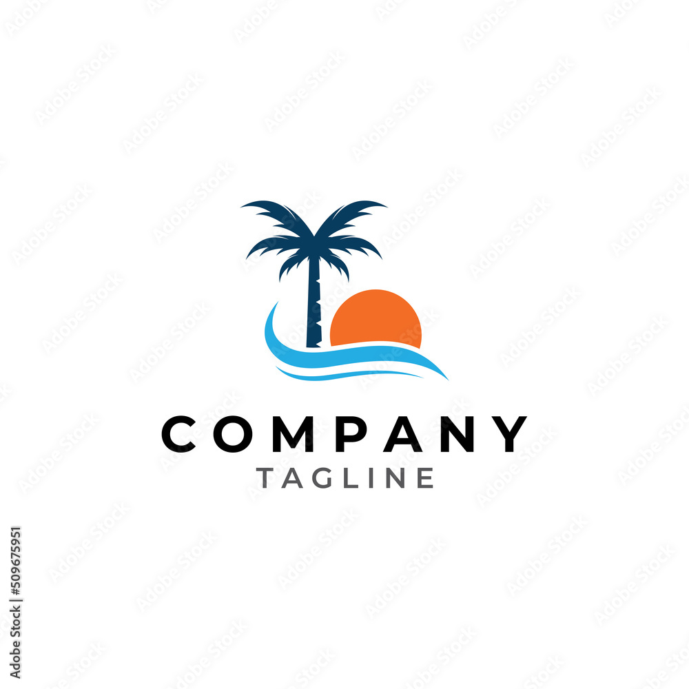 Palm tree logo, palm with waves and sun. Using Illustrator template design editing. Palm tree logo, palm with waves and sun. Using Illustrator template design editing.