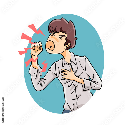 young man coughing hard and suffering chest pain