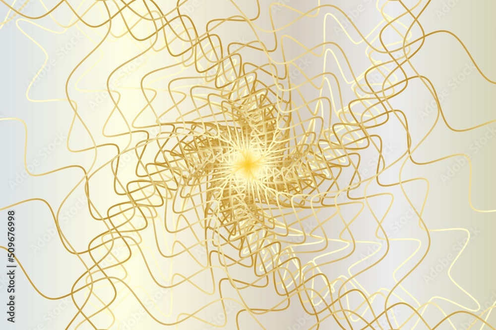 Distorted abstract lines, wireframe tunnel. The gold wave spiral wavy lines on the white gold background.