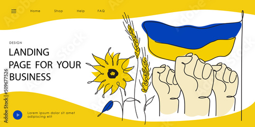 Landing page with hands, fist and Ukraine traditional flower, wheat, sunflower. Vector illustration global politics, NO WAR in Ukraine, aggression problem picture in continuous line art style