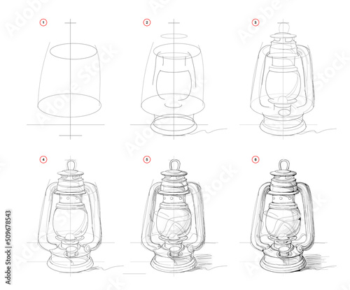 Page shows how to learn to draw sketch of old kerosene lamp. Creation step by step pencil drawing. Educational page for artists. Textbook for developing artistic skills. Online education. photo