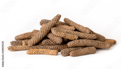 Pippali long pepper, spice close-up flat lay on a white background. Indian and Arabic spices for cooking. Medicinal herbs and spices.