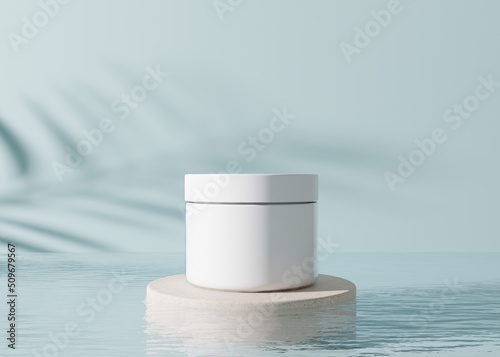 White, blank, unbranded cosmetic cream jar with leaves shadows and water on blue background. Skin care product presentation. Elegant mockup. Skincare, beauty and spa. Jar with copy space. 3D rendering photo