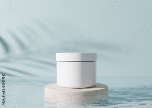 White, blank, unbranded cosmetic cream jar with leaves shadows and water on blue background. Skin care product presentation. Elegant mockup. Skincare, beauty and spa. Jar with copy space. 3D rendering