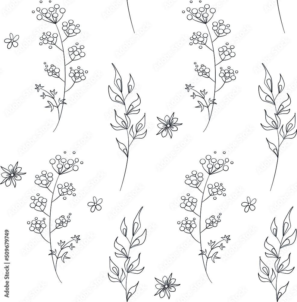Fototapeta premium Seamless field flowers and grasses elements vector pattern