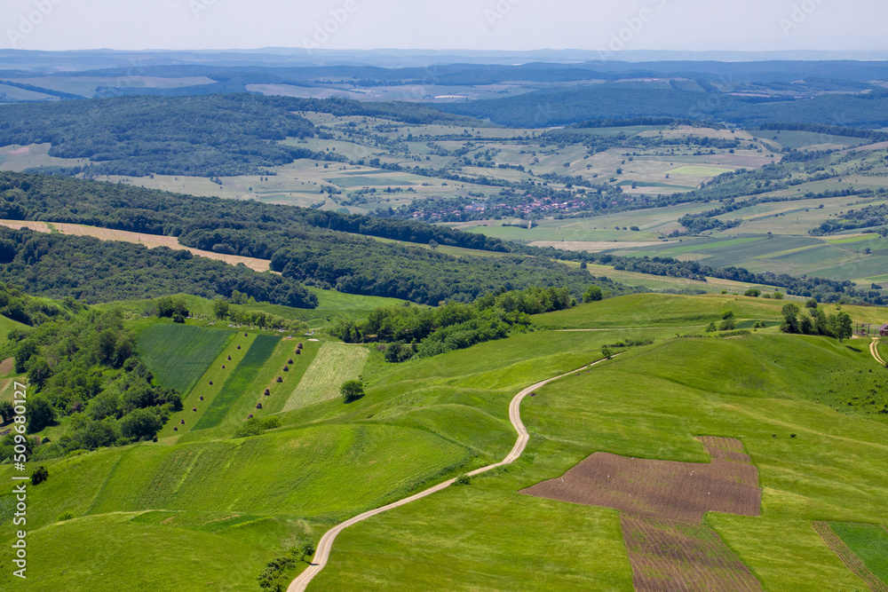 Aerial landscape with hills and forests in Moldova - Romania