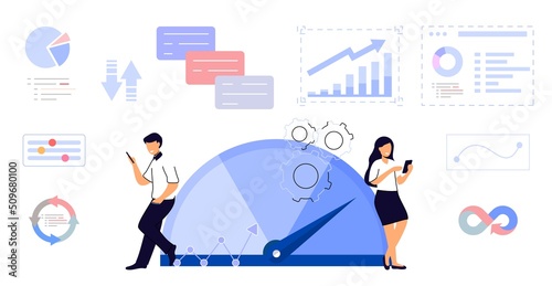 Benchmarking concept Business compare tool for improvement Performance, quality and cost comparison to competitor companies Idea of benchmark business development Vector illustration