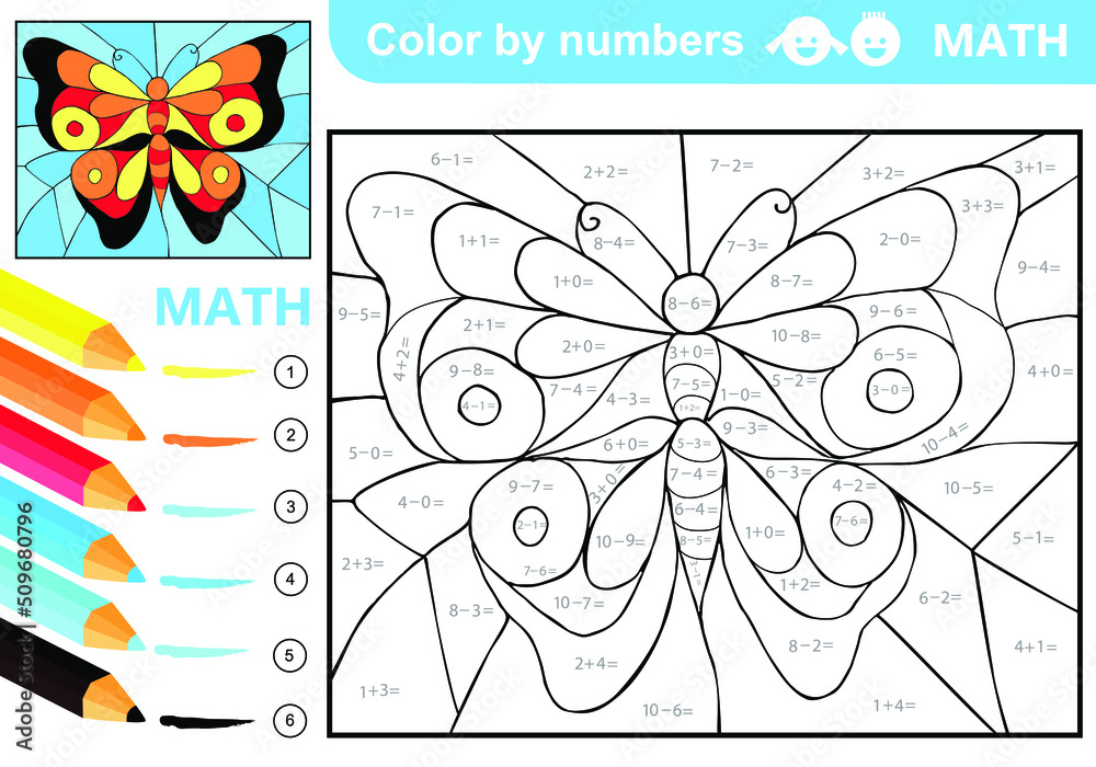 Color by numbers - addition and subtraction worksheet for education.  Coloring book. Solve examples and paint butterfly in sky. Math exercises  worksheet. Developing counting learn. Print for kids Stock Vector