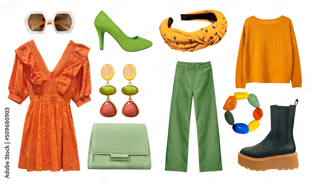Beautiful women's clothing set isolated on white. Collage of modern  green orange clothes. Collection of girls apparel. - obrazy, fototapety, plakaty 