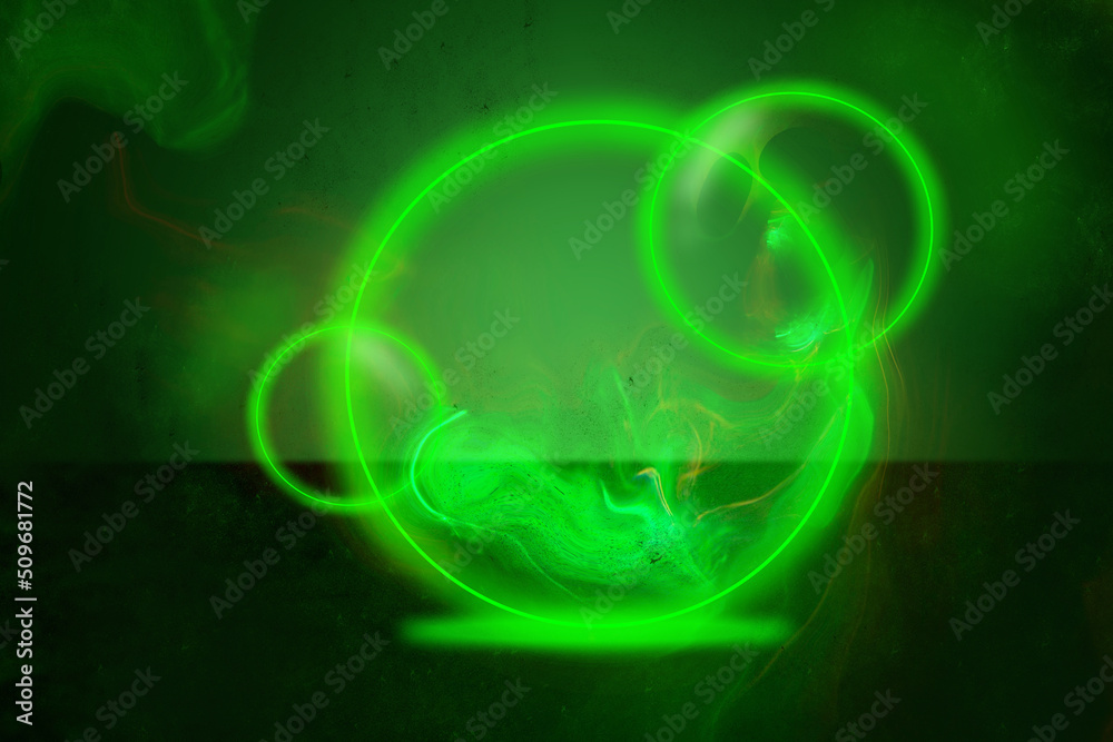 Neon Green. Futuristic style circle. Glowing green neon futuristic style on dark background with dust particles and light beams.Background with vivid colors with copy space. Neon Green. Futuristic style circle. Glowing green neon futuristic style on dark background with dust particles and light beams.Background with vivid colors with copy space.