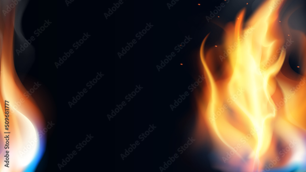 Realistic Fire Flames background. Two sources of Orange fire with a smoke graphic concept for your design