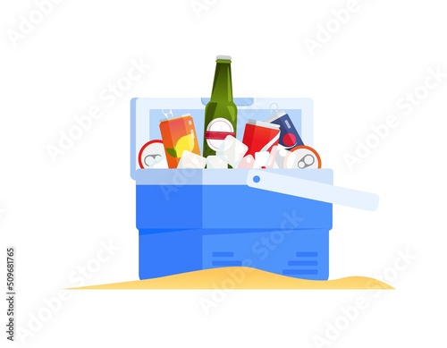 Cooler bag with soft rinks in cans and beer. Portable open fridge for summer vacations and beach. Flat vector illustration isolated on white backround