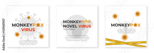 Monkeypox virus flyer set. Monkeypox infection pandemic. Banner with monkey, virus and dangerous icon. Monkey Pox virus outbreak pandemic banner background. Vector illustration background photo