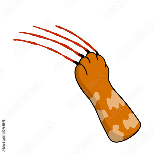 Cat foot. Scratch with blood trail. Aggression and injuries. Evil behavior of pet. Cartoon flat illustration