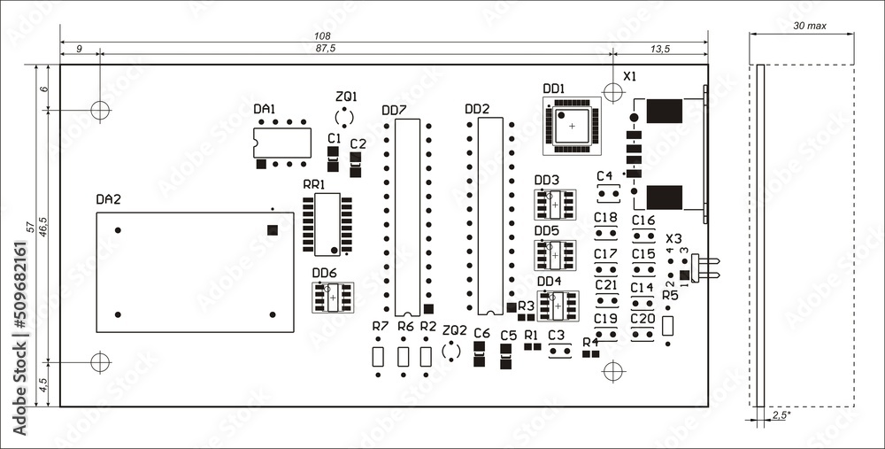 Vector technical drawing. Placement of components on the printed ...