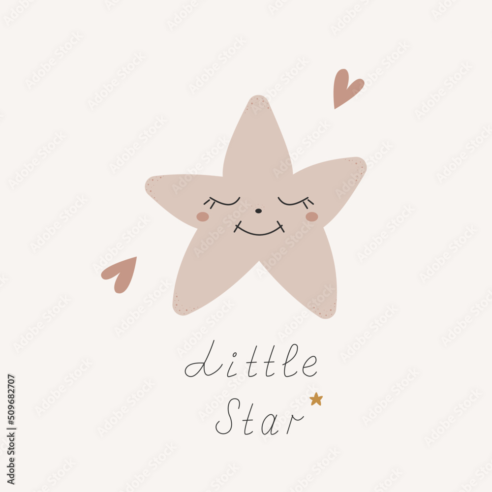 Cute little star. Sweet baby card. Wall art nursery. Vector illustration perfect for a baby shower, poster, T-shirt. Cartoon star. Kids funny print Cute little star. Sweet baby card. Wall art nursery. Vector illustration perfect for a baby shower, poster, T-shirt. Cartoon star. Kids funny print